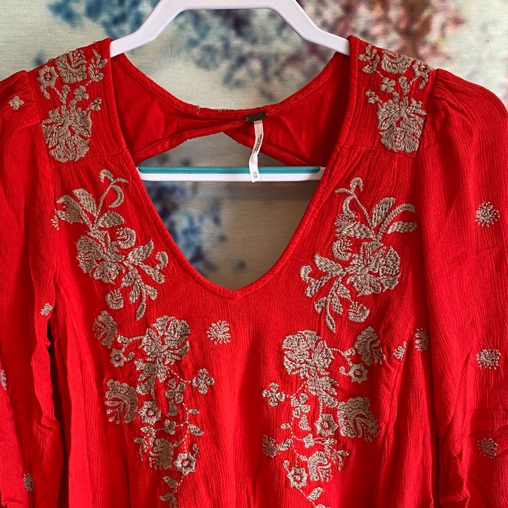 Free People Red Embroidered Long Sleeve Dress worn once - Picture 2 of 13